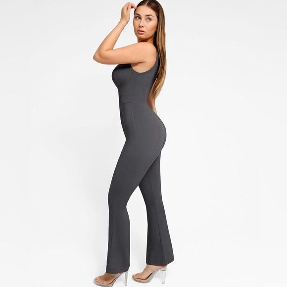 Popilush The Shapewear Jumpsuit Denim Square Neck Tank Top Flare - Picture 3 of 16